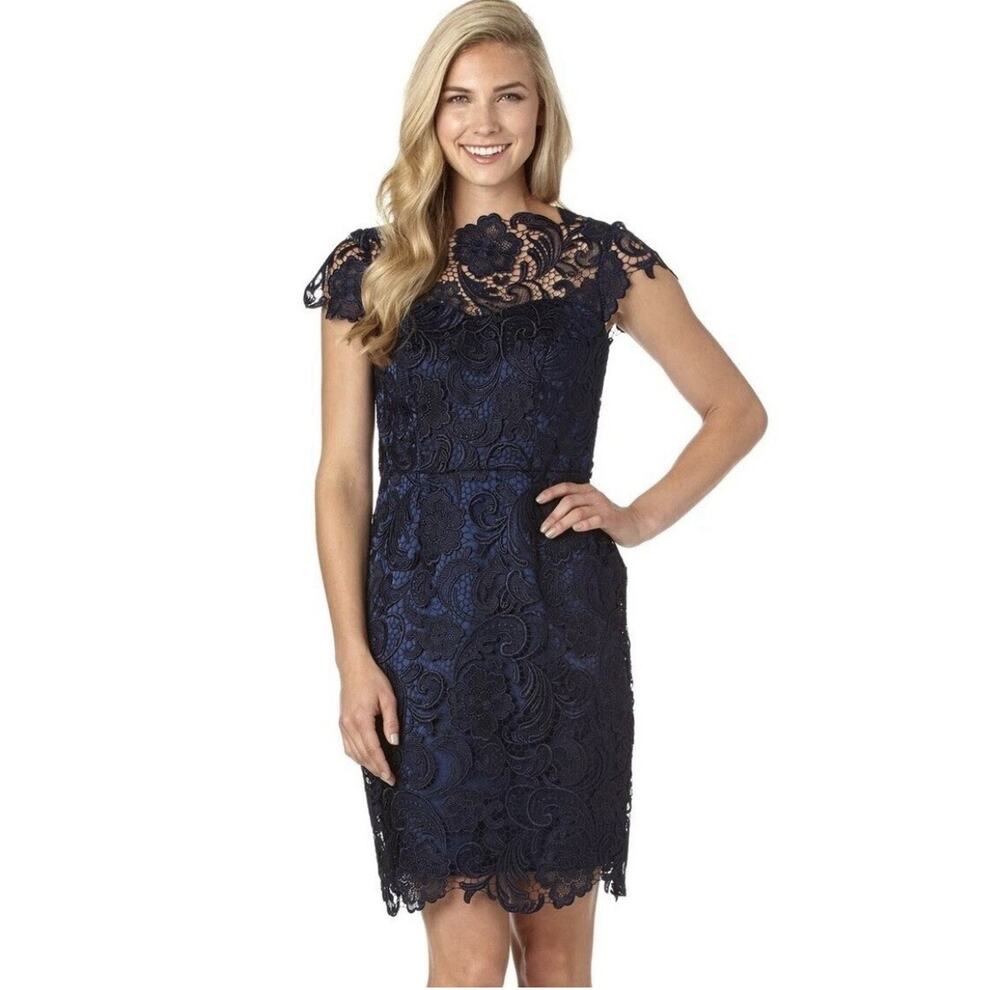 DECODE 1.8 Sheath Dress Sz 4 Womans Navy Blue Scalloped Floral Lace Cap Sleeve